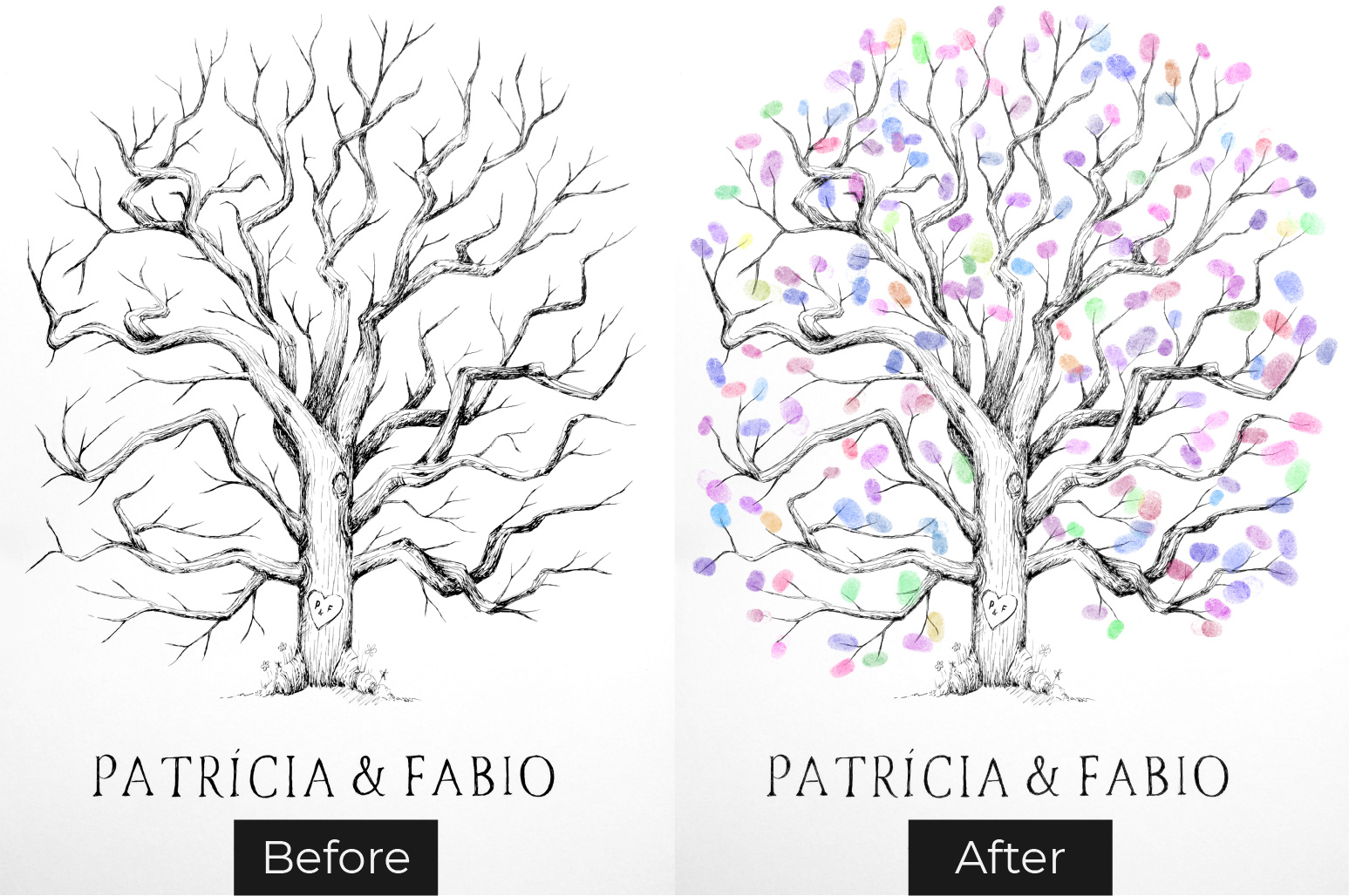 before after handraw finger tree wedding guestbook - antes e depois de desenho de árvore de assinaturas para casamento